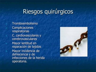Riesgos quirúrgicos Tromboembolismo Complicaciones respiratorias C. cardiovasculares y cerebrovasculares Mayor lentitud en reparación de tejidos  Mayor incidencia de dehiscencia y de infecciones de la herida operatoria. 