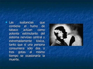 Las sustancias que contiene el humo de tabaco actúan como potente estimulante del sistema nervioso central y extremadamente tóxica, tanto que si una persona consumiera sólo dos o tres gotas al mismo tiempo se ocasionaría la muerte.  