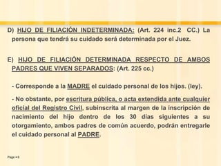 D) HIJO DE FILIACIÓN INDETERMINADA: (Art. 224 inc.2 CC.) La
persona que tendrá su cuidado será determinada por el Juez.
E) HIJO DE FILIACIÓN DETERMINADA RESPECTO DE AMBOS
PADRES QUE VIVEN SEPARADOS: (Art. 225 cc.)
- Corresponde a la MADRE el cuidado personal de los hijos. (ley).
- No obstante, por escritura pública, o acta extendida ante cualquier
oficial del Registro Civil, subinscrita al margen de la inscripción de
nacimiento del hijo dentro de los 30 días siguientes a su
otorgamiento, ambos padres de común acuerdo, podrán entregarle
el cuidado personal al PADRE.

Page  6

 
