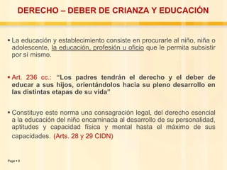 DERECHO – DEBER DE CRIANZA Y EDUCACIÓN

 La educación y establecimiento consiste en procurarle al niño, niña o
adolescente, la educación, profesión u oficio que le permita subsistir
por sí mismo.
 Art. 236 cc.: “Los padres tendrán el derecho y el deber de
educar a sus hijos, orientándolos hacia su pleno desarrollo en
las distintas etapas de su vida”
 Constituye este norma una consagración legal, del derecho esencial
a la educación del niño encaminada al desarrollo de su personalidad,
aptitudes y capacidad física y mental hasta el máximo de sus
capacidades. (Arts. 28 y 29 CIDN)

Page  8

 