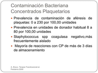 Contaminación Bacteriana
Concentrados Plaquetarios
 Prevalencia de contaminación de aféresis de
  plaquetas: 0 a 230 por 100,00 unidades
 Prevalencia en unidades de donador habitual 8 a
  80 por 100,00 unidades
 Staphylococcus spp coagulasa negativo,más
  frecuentemente aislado
 Mayoría de reacciones con CP de más de 3 días
  de almacenamiento



A. Bravo. Terapia Transfusional en
Pediatría.2009
 