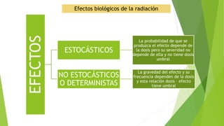 Efectos biológicos de la radiación
EFECTOS
ESTOCÁSTICOS
La probabilidad de que se
produzca el efecto depende de
la dosis pero su severidad no
depende de ella y no tiene dosis
umbral
NO ESTOCÁSTICOS
O DETERMINISTAS
La gravedad del efecto y su
frecuencia dependen de la dosis
y esta relación dosis – efecto
tiene umbral
 