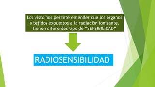 Los visto nos permite entender que los órganos
o tejidos expuestos a la radiación ionizante,
tienen diferentes tipo de “SENSIBILIDAD”
RADIOSENSIBILIDAD
 