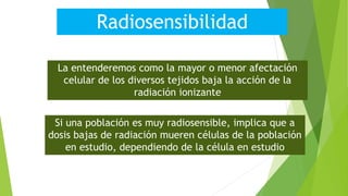 Radiosensibilidad
La entenderemos como la mayor o menor afectación
celular de los diversos tejidos baja la acción de la
radiación ionizante
Si una población es muy radiosensible, implica que a
dosis bajas de radiación mueren células de la población
en estudio, dependiendo de la célula en estudio
 
