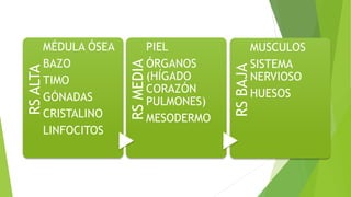 RS
ALTA
MÉDULA ÓSEA
BAZO
TIMO
GÓNADAS
CRISTALINO
LINFOCITOS
RS
MEDIA
PIEL
ÓRGANOS
(HÍGADO
CORAZÓN
PULMONES)
MESODERMO
RS
BAJA
MUSCULOS
SISTEMA
NERVIOSO
HUESOS
 