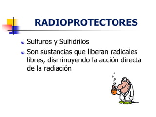 RADIOPROTECTORES
 Sulfuros y Sulfidrilos
 Son sustancias que liberan radicales
libres, disminuyendo la acción directa
de la radiación
 