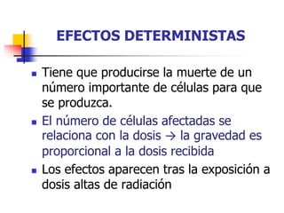 EFECTOS DETERMINISTAS
 Tiene que producirse la muerte de un
número importante de células para que
se produzca.
 El número de células afectadas se
relaciona con la dosis → la gravedad es
proporcional a la dosis recibida
 Los efectos aparecen tras la exposición a
dosis altas de radiación
 