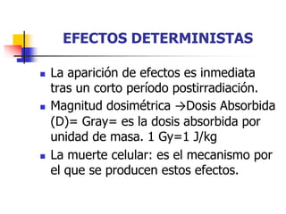 EFECTOS DETERMINISTAS
 La aparición de efectos es inmediata
tras un corto período postirradiación.
 Magnitud dosimétrica →Dosis Absorbida
(D)= Gray= es la dosis absorbida por
unidad de masa. 1 Gy=1 J/kg
 La muerte celular: es el mecanismo por
el que se producen estos efectos.
 