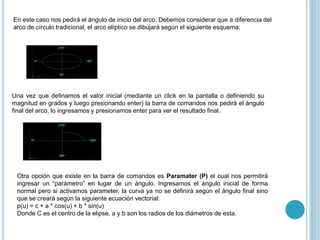 En este caso nos pedirá el ángulo de inicio del arco. Debemos considerar que a diferencia del
arco de círculo tradicional, el arco elíptico se dibujará según el siguiente esquema:
Una vez que definamos el valor inicial (mediante un click en la pantalla o definiendo su
magnitud en grados y luego presionando enter) la barra de comandos nos pedirá el ángulo
final del arco, lo ingresamos y presionamos enter para ver el resultado final.
Otra opción que existe en la barra de comandos es Paramater (P) el cual nos permitirá
ingresar un “parámetro” en lugar de un ángulo. Ingresamos el ángulo inicial de forma
normal pero si activamos parameter, la curva ya no se definirá según el ángulo final sino
que se creará según la siguiente ecuación vectorial:
p(u) = c + a * cos(u) + b * sin(u)
Donde C es el centro de la elipse, a y b son los radios de los diámetros de esta.
 