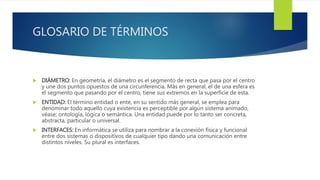 GLOSARIO DE TÉRMINOS
 DIÁMETRO: En geometría, el diámetro es el segmento de recta que pasa por el centro
y une dos puntos opuestos de una circunferencia. Más en general, el de una esfera es
el segmento que pasando por el centro, tiene sus extremos en la superficie de esta.
 ENTIDAD: El término entidad o ente, en su sentido más general, se emplea para
denominar todo aquello cuya existencia es perceptible por algún sistema animado,
véase; ontología, lógica o semántica. Una entidad puede por lo tanto ser concreta,
abstracta, particular o universal.
 INTERFACES: En informática se utiliza para nombrar a la conexión física y funcional
entre dos sistemas o dispositivos de cualquier tipo dando una comunicación entre
distintos niveles. Su plural es interfaces.
 