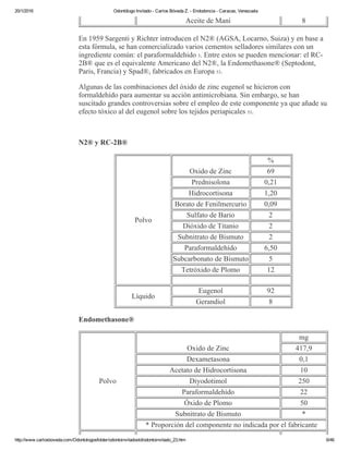20/1/2016 Odontólogo Invitado ­ Carlos Bóveda Z. ­ Endodoncia ­ Caracas, Venezuela
http://www.carlosboveda.com/Odontologosfolder/odontoinvitadoold/odontoinvitado_23.htm 6/46
Aceite de Maní 8
En 1959 Sargenti y Richter introducen el N2® (AGSA, Locarno, Suiza) y en base a
esta fórmula, se han comercializado varios cementos selladores similares con un
ingrediente común: el paraformaldehido 3. Entre estos se pueden mencionar: el RC­
2B® que es el equivalente Americano del N2®, la Endomethasone® (Septodont,
Paris, Francia) y Spad®, fabricados en Europa 53.
Algunas de las combinaciones del óxido de zinc eugenol se hicieron con
formaldehído para aumentar su acción antimicrobiana. Sin embargo, se han
suscitado grandes controversias sobre el empleo de este componente ya que añade su
efecto tóxico al del eugenol sobre los tejidos periapicales 53.
 
N2® y RC­2B®
Polvo
Oxido de Zinc
%
69
Prednisolona 0,21
Hidrocortisona 1,20
Borato de Fenilmercurio 0,09
Sulfato de Bario 2
Dióxido de Titanio 2
Subnitrato de Bismuto 2
Paraformaldehído 6,50
Subcarbonato de Bismuto 5
Tetróxido de Plomo 12
Líquido
Eugenol 92
Gerandiol 8
Endomethasone®
Polvo
Oxido de Zinc
mg
417,9
Dexametasona 0,1
Acetato de Hidrocortisona 10
Diyodotimol 250
Paraformaldehído 22
Óxido de Plomo 50
Subnitrato de Bismuto *
* Proporción del componente no indicada por el fabricante
 