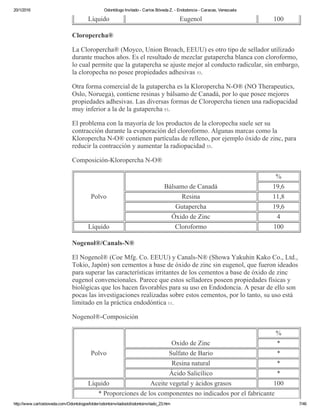 20/1/2016 Odontólogo Invitado ­ Carlos Bóveda Z. ­ Endodoncia ­ Caracas, Venezuela
http://www.carlosboveda.com/Odontologosfolder/odontoinvitadoold/odontoinvitado_23.htm 7/46
Líquido Eugenol 100
Cloropercha®
La Cloropercha® (Moyco, Union Broach, EEUU) es otro tipo de sellador utilizado
durante muchos años. Es el resultado de mezclar gutapercha blanca con cloroformo,
lo cual permite que la gutapercha se ajuste mejor al conducto radicular, sin embargo,
la cloropecha no posee propiedades adhesivas 53.
Otra forma comercial de la gutapercha es la Kloropercha N­O® (NO Therapeutics,
Oslo, Noruega), contiene resinas y bálsamo de Canadá, por lo que posee mejores
propiedades adhesivas. Las diversas formas de Cloropercha tienen una radiopacidad
muy inferior a la de la gutapercha 53.
El problema con la mayoría de los productos de la cloropecha suele ser su
contracción durante la evaporación del cloroformo. Algunas marcas como la
Kloropercha N­O® contienen partículas de relleno, por ejemplo óxido de zinc, para
reducir la contracción y aumentar la radiopacidad 53.
Composición­Kloropercha N­O®
Polvo
Bálsamo de Canadá
%
19,6
Resina 11,8
Gutapercha 19,6
Óxido de Zinc 4
Líquido Cloroformo 100
Nogenol®/Canals­N®
El Nogenol® (Coe Mfg. Co. EEUU) y Canals­N® (Showa Yakuhin Kako Co., Ltd.,
Tokio, Japón) son cementos a base de óxido de zinc sin eugenol, que fueron ideados
para superar las características irritantes de los cementos a base de óxido de zinc
eugenol convencionales. Parece que estos selladores poseen propiedades físicas y
biológicas que los hacen favorables para su uso en Endodoncia. A pesar de ello son
pocas las investigaciones realizadas sobre estos cementos, por lo tanto, su uso está
limitado en la práctica endodóntica 11.
Nogenol®­Composición
Polvo
Oxido de Zinc
%
*
Sulfato de Bario *
Resina natural *
Ácido Salicílico *
Líquido Aceite vegetal y ácidos grasos 100
* Proporciones de los componentes no indicados por el fabricante
 