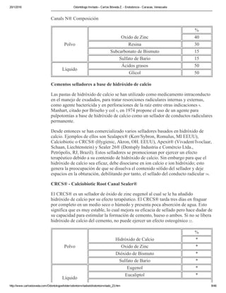20/1/2016 Odontólogo Invitado ­ Carlos Bóveda Z. ­ Endodoncia ­ Caracas, Venezuela
http://www.carlosboveda.com/Odontologosfolder/odontoinvitadoold/odontoinvitado_23.htm 8/46
Canals N® Composición
Polvo
Oxido de Zinc
%
40
Resina 30
Subcarbonato de Bismuto 15
Sulfato de Bario 15
Líquido
Ácidos grasos 50
Glicol 50
Cementos selladores a base de hidróxido de calcio
Las pastas de hidróxido de calcio se han utilizado como medicamento intraconducto
en el manejo de exudados, para tratar resorciones radiculares internas y externas,
como agente bactericida y en perforaciones de la raíz entre otras indicaciones 9.
Manhart, citado por Briseño y col 9, en 1974 propone el uso de un agente para
pulpotomías a base de hidróxido de calcio como un sellador de conductos radiculares
permanente.
Desde entonces se han comercializado varios selladores basados en hidróxido de
calcio. Ejemplos de ellos son Sealapex® (Kerr/Sybron, Romulus, MI EEUU),
Calciobiotic o CRCS® (Hygienic, Akron, OH. EEUU), Apexit® (Vivadent/Ivoclaar,
Schaan, Liechtenstein) y Sealer 26® (Dentsply Industria e Comércio Ltda.,
Petrópolis, RJ, Brazil). Estos selladores se promocionan por ejercer un efecto
terapéutico debido a su contenido de hidróxido de calcio. Sin embargo para que el
hidróxido de calcio sea eficaz, debe disociarse en ion calcio e ion hidróxido; esto
genera la preocupación de que se disuelva el contenido sólido del sellador y deje
espacios en la obturación, debilitando por tanto, el sellado del conducto radicular 54.
CRCS® ­ Calciobiotic Root Canal Sealer®
El CRCS® es un sellador de óxido de zinc eugenol al cual se le ha añadido
hidróxido de calcio por su efecto terapéutico. El CRCS® tarda tres días en fraguar
por completo en un medio seco o húmedo y presenta poca absorción de agua. Esto
significa que es muy estable, lo cual mejora su eficacia de sellado pero hace dudar de
su capacidad para estimular la formación de cemento, hueso o ambos. Si no se libera
hidróxido de calcio del cemento, no puede ejercer un efecto osteogénico 22.
Polvo
Hidróxido de Calcio
%
*
Oxido de Zinc *
Dióxido de Bismuto *
Sulfato de Bario *
Líquido
Eugenol *
Eucaliptol *
 