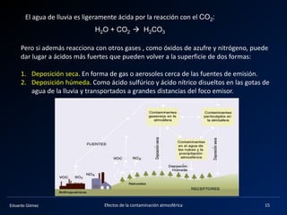 Eduardo Gómez
H2O + CO2  H2CO3
Pero si además reacciona con otros gases , como óxidos de azufre y nitrógeno, puede
dar lugar a ácidos más fuertes que pueden volver a la superficie de dos formas:
1. Deposición seca. En forma de gas o aerosoles cerca de las fuentes de emisión.
2. Deposición húmeda. Como ácido sulfúrico y ácido nítrico disueltos en las gotas de
agua de la lluvia y transportados a grandes distancias del foco emisor.
El agua de lluvia es ligeramente ácida por la reacción con el CO2:
15Efectos de la contaminación atmosférica
 