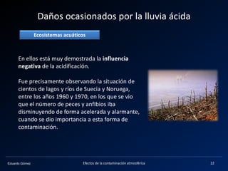 Eduardo Gómez
Daños ocasionados por la lluvia ácida
Ecosistemas acuáticos
22Efectos de la contaminación atmosférica
En ellos está muy demostrada la influencia
negativa de la acidificación.
Fue precisamente observando la situación de
cientos de lagos y ríos de Suecia y Noruega,
entre los años 1960 y 1970, en los que se vio
que el número de peces y anfibios iba
disminuyendo de forma acelerada y alarmante,
cuando se dio importancia a esta forma de
contaminación.
 