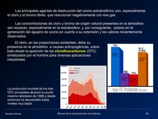Eduardo Gómez
Los principales agentes de destrucción del ozono estratosférico son, especialmente,
el cloro y el bromo libres, que reaccionan negativamente con ese gas
Las concentraciones de cloro y bromo de origen natural presentes en la atmósfera
son escasas, especialmente en la estratosfera y, por consiguiente, pobres en la
generación del agujero de ozono en cuanto a su extensión y los valores recientemente
observados.
El cloro, en las proporciones existentes, debe su
presencia en la atmósfera a causas antropogénicas, sobre
todo desde la aparición de los clorofluocarbonos (CFC)
sintetizados por el hombre para diversas aplicaciones
industriales.
40Efectos de la contaminación atmosférica
La producción mundial de los tres
CFC principales alcanzó su punto
máximo alrededor de 1988 y desde
entonces ha descendido hasta
niveles muy bajos.
 