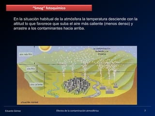 Eduardo Gómez
En la situación habitual de la atmósfera la temperatura desciende con la
altitud lo que favorece que suba el aire más caliente (menos denso) y
arrastre a los contaminantes hacia arriba.
7Efectos de la contaminación atmosférica
“Smog” fotoquímico
 