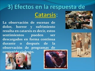 La observación de escenas de dolor, horror y sufrimiento resulta en catarsis es decir, estos sentimientos pueden ser descargados en forma continua durante o después de la observación de programas de contenido violento.  