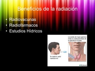 Beneficios de la radiación <ul><li>Radiovacunas </li></ul><ul><li>Radiofármacos </li></ul><ul><li>Estudios Hídricos </li><...