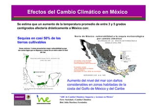 Efectos del Cambio Climático en México

Se estima que un aumento de la temperatura promedio de entre 3 y 5 grados
centígrados afectaría drásticamente a México con:

                                                                                                                      N o r t e d e M é x ic o : v u ln e r a b ilid a d a la s e q u ía m e te o r o ló g ic a
                                                                                                                                                                                             te
Sequías en casi 50% de las                                                                                                                         p o r c a m b io c lim á t ic o

tierras cultivables
 Zonas costeras: 5 zonas presentarían mayor vulnerabilidad ya que
son costas bajas que se disponen a menos de un metro sobre el nivel
                                                              nivel
                              del mar




                                                                                                                     1 0 estad os m ás d el 6 8 %
                                                                                                                     d e s u p e r fic ie a lt o g r a d o
                                                                                                                     v u ln e r a b ilid a d a d e s e r t ific a c ió n


                                                                                                                     8 e s t a d o s s e r ía n
                                                                                                                            ta
                                                                                                                      m á s v u ln e ra b le s a s e q u ía
                                                                                                                                       ra
                                                                                                                     m e te o r o ló g ic a
                                                                                                                          t e ro
                                                                                                                     a fe c t a d o s e n c a s i 9 0 % d e te r rit o r io
                                                                                                                            ta                              t e rr ito rio




                                                                                                              Aumento del nivel del mar con daños
                                                                                                              considerables en zonas habitadas de la
        Fuente: INE. Estudio de País: México: Vulnerabilidad de las costas ante el cambio climático,
        Ortíz, M., 1995.
        Ortíz,
                                                                    costas
                                                                                                              costa del Golfo de México y del Caribe

                                                                                                       “ABC de Cambio Climático: Impactos y Acciones en México”
                                                                                                       Foro: Sociedad y Cambio Climático
                                                                                                       Biol. Julia Martínez Fernández
 