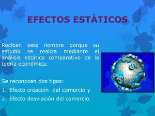 EFECTOS ESTÁTICOS

Reciben este nombre porque su
estudio se realiza mediante el
análisis estático comparativo de la
teoría económica.


Se reconocen dos tipos:
1. Efecto creación del comercio y
2. Efecto desviación del comercio.
 