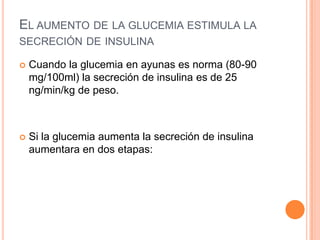 EL AUMENTO DE LA GLUCEMIA ESTIMULA LA
SECRECIÓN DE INSULINA


Cuando la glucemia en ayunas es norma (80-90
mg/100ml) la secreción de insulina es de 25
ng/min/kg de peso.



Si la glucemia aumenta la secreción de insulina
aumentara en dos etapas:

 
