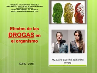 Efectos de las
DROGAS en
el organismo
My. Maria Eugenia Zambrano
Rivero
REPUBLICA BOLIVARIANA DE VENEZUELA
MINISTERIO DEL PODER POPULAR PARA LA DEFENSA
EJERCITO BOLIVARIANO
INSPECTORIA GENERAL DEL EJERCITO
INSPECTORIA DELEGADA PARA LA 11 BB
ABRIL - 2018
 