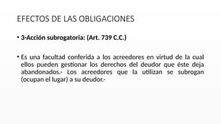 EFECTOS DE LAS OBLIGACIONES
• 3-Acción subrogatoria: (Art. 739 C.C.)
• Es una facultad conferida a los acreedores en virtud de la cual
ellos pueden gestionar los derechos del deudor que éste deja
abandonados.- Los acreedores que la utilizan se subrogan
(ocupan el lugar) a su deudor.-
 