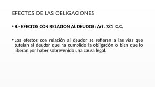EFECTOS DE LAS OBLIGACIONES
• B.- EFECTOS CON RELACION AL DEUDOR: Art. 731 C.C.
• Los efectos con relación al deudor se refieren a las vías que
tutelan al deudor que ha cumplido la obligación o bien que lo
liberan por haber sobrevenido una causa legal.
 