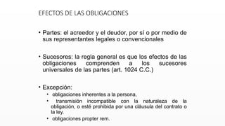 EFECTOS DE LAS OBLIGACIONES
• Partes: el acreedor y el deudor, por sí o por medio de
sus representantes legales o convencionales
• Sucesores: la regla general es que los efectos de las
obligaciones comprenden a los sucesores
universales de las partes (art. 1024 C.C.)
• Excepción:
• obligaciones inherentes a la persona,
• transmisión incompatible con la naturaleza de la
obligación, o esté prohibida por una cláusula del contrato o
la ley.
• obligaciones propter rem.
 