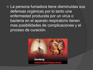 La persona fumadora tiene disminuidas sus defensas orgánicas por lo tanto una enfermedad producida por un virus o bacteria en el aparato respiratorio tienen mas posibilidades de complicaciones y el proceso de curación. 