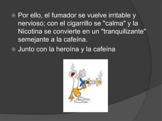 Por ello, el fumador se vuelve irritable y nervioso; con el cigarrillo se "calma" y la Nicotina se convierte en un "tranquilizante" semejante a la cafeína.Junto con la heroína y la cafeína