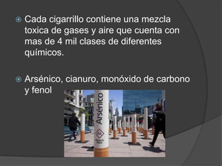 Cada cigarrillo contiene una mezcla toxica de gases y aire que cuenta con mas de 4 mil clases de diferentes químicos.Arsénico, cianuro, monóxido de carbono y fenol