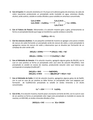 3. Con el Cuprón: En solución alcoholica al 1 % al que se le adiciona gotas de amoniaco, las sales de
cobre reaccionan produciendo un precipitado verde insoluble en agua, amoniaco diluido,
alcohol, acido acético, soluble en acidos diluidos y poco solubles en amoniaco concentrado.
C6H5-C=NOH C6H5-C=N-O
C6H5-CHOH + Cu(NO3)2 Cu + 2HNO3
C6H5-C-N-O
4. Con el Yoduro de Potasio: Adicionando a la solución muestra gota a gota, primeramente se
forma un precipitado blando que luego se transforma a pardo-verdoso o amarillo.
Cu(NO3)2 + IK + I3
-
5. Con los cianuros alcalinos: A una pequeña cantidad de muestra se agregan unos pocos cristales
de cianuro de sodio formando un precipitado verde de cianuro de cobre, a este precipitado le
agregamos exceso de cianuro de sodio y observamos que se disuelve por formación de un
complejo de color verde-café.
(NO3)Cu + 2CNNa (CN)2Cu + NO3
- + Na+
(NO3)Cu + 3CNNa [Cu(CN)3]= + 3Na+
6. Con el Hidróxido de Amonio: A la solución muestra, agregarle algunas gotas de NH4OH, con lo
cual en caso positivo se forma un precipitado color azul claro de solución NO3(OH)Cu. Este
precipitado es soluble en exceso de reactivo, produciendo solución color azul intenso que
corresponde al complejo [Cu(NH3)4]++.
(NO3)2Cu + NH3 Cu(OH)NO3
(NO3)2Cu +3 NH3 2[Cu(NH3)4+++ NO3H + H2O
7. Con el Hidróxido de Sodio: A 1ml de solución muestra, agregamos algunas gotas de de NaOH,
con lo cual en caso de ser positivo se debe formar un precipitado color azul pegajoso por
formación de Cu(OH)2.Este precipitado es soluble en ácidos minerales y en álcalis
concentrados.
Cu++ + 2OH Cu(OH)2
8. Con el SH2: A la solución muestra, hacerle pasar una buena corriente de SH2, con lo cual en caso
de ser positivo se forma un precipitado color negro este precipitado es insoluble en exceso de
reactivo, en KOH 6M, en ácidos minerales diluidos y fríos .
(NO3)2Cu + SH2 SCu+ 2NO3H
 