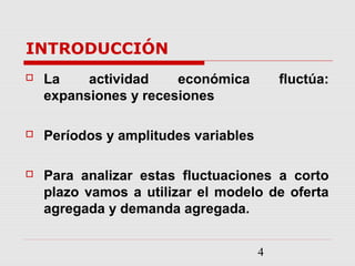 4
INTRODUCCIÓN
 La actividad económica fluctúa:
expansiones y recesiones
 Períodos y amplitudes variables
 Para analizar estas fluctuaciones a corto
plazo vamos a utilizar el modelo de oferta
agregada y demanda agregada.
 