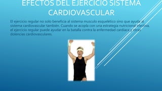 EFECTOS DEL EJERCICIO SISTEMA
CARDIOVASCULAR
El ejercicio regular no solo beneficia al sistema musculo esquelético sino que ayuda al
sistema cardiovascular también. Cuando se acopla con una estrategia nutricional efectiva,
el ejercicio regular puede ayudar en la batalla contra la enfermedad cardíaca y otras
dolencias cardiovasculares.
 