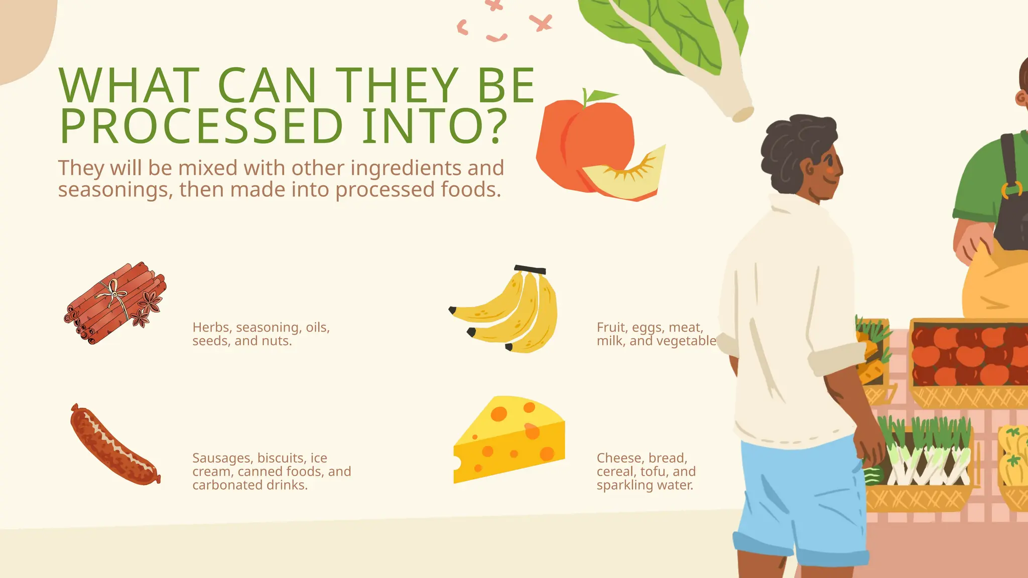Minimally
processed foods
Processed
foods
Fruit, eggs, meat,
milk, and vegetables.
Cheese, bread,
cereal, tofu, and
sparkling water.
WHAT CAN THEY BE
PROCESSED INTO?
They will be mixed with other ingredients and
seasonings, then made into processed foods.
Processed culinary
ingredients
Ultra-processed
foods
Herbs, seasoning, oils,
seeds, and nuts.
Sausages, biscuits, ice
cream, canned foods, and
carbonated drinks.
 