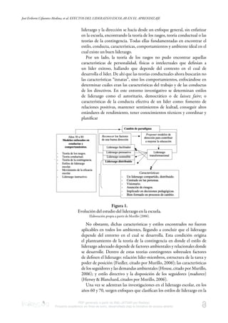 José Eriberto Cifuentes-Medina, et al. EFECTOS DEL LIDERAZGO ESCOLAR EN EL APRENDIZAJE
PDF generado a partir de XML-JATS4R por Redalyc
Proyecto académico sin fines de lucro, desarrollado bajo la iniciativa de acceso abierto
liderazgo y la dirección se hacía desde un enfoque general, sin enfatizar
en la escuela, encontrando la teoría de los rasgos, teoría conductual o las
teorías de la contingencia. Todas ellas fundamentadas en encontrar el
estilo, conducta, características, comportamientos y ambiente ideal en el
cual existe un buen liderazgo.
Por un lado, la teoría de los rasgos no pudo encontrar aquellas
características de personalidad, físicas o intelectuales que deﬁnían a
un líder exitoso, hallando que depende del contexto en el cual de
desarrolla el líder. De ahí que las teorías conductuales ahora buscarán no
las características “innatas”, sino los comportamientos, enfocándose en
determinar cuáles eran las características del trabajo y de las conductas
de los directivos. En este entorno investigativo se determinan estilos
de liderazgo como el autoritario, democrático o de laissez faire; o
características de la conducta efectiva de un líder como: fomento de
relaciones positivas, mantener sentimientos de lealtad, conseguir altos
estándares de rendimiento, tener conocimientos técnicos y coordinar y
planiﬁcar
Figura 1.
Evolución del estudio del liderazgo en la escuela.
Elaboración propia a partir de Murillo (2006).
No obstante, dichas características y estilos encontrados no fueron
aplicables en todos los ambientes, llegando a concluir que el liderazgo
depende del entorno en el cual se desarrolla. Esta condición origina
el planteamiento de la teoría de la contingencia en donde el estilo de
liderazgo adecuado depende de factores ambientales y relacionales donde
se desarrolle. Dentro de estas teorías contingentes sobresalen factores
de deﬁnen el liderazgo: relación líder-miembros, estructura de la tarea y
poder de posición (Fiedler, citado por Murillo, 2006); las características
de los seguidores y las demandas ambientales (House, citado por Murillo,
2006); y estilo directivo y la disposición de los seguidores (madurez)
(Hersey & Blanchard, citados por Murillo, 2006).
Una vez se adentran las investigaciones en el liderazgo escolar, en los
años 60 y 70, surgen enfoques que clasiﬁcan los estilos de liderazgo en la
 