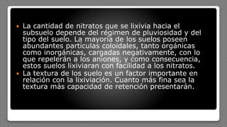 La cantidad de nitratos que se lixivia hacia el
subsuelo depende del régimen de pluviosidad y del
tipo del suelo. La mayoría de los suelos poseen
abundantes partículas coloidales, tanto orgánicas
como inorgánicas, cargadas negativamente, con lo
que repelerán a los aniones, y como consecuencia,
estos suelos lixiviaran con facilidad a los nitratos.
 La textura de los suelo es un factor importante en
relación con la lixiviación. Cuanto más fina sea la
textura más capacidad de retención presentarán.
 