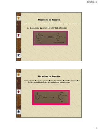 26/02/2010




             Mecanismo de Reacción



2.- Oxidación a quinonas por actividad catecolasa




             Mecanismo de Reacción


3.- Hidroxilación química secundaria de las quinonas.




                                                               15
 