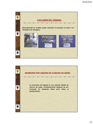 26/02/2010




                  EXCLUSIÓN DEL OXÍGENO.


Generalmente su empleo queda reducido al envasado al vacío o en
atmósfera de nitrógeno.




   INHIBICIÓN POR ADICIÓN DE CLORURO DE SODIO.




        La inmersión del vegetal en una solución diluida de
        cloruro de sodio, inmediatamente después de ser
        troceada, ha resultado eficaz para evitar el
        pardeamiento.




                                                                         29
 