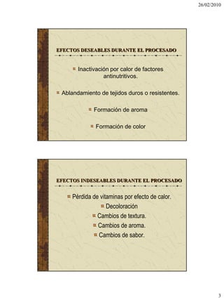 26/02/2010




EFECTOS DESEABLES DURANTE EL PROCESADO


       Inactivación por calor de factores
                 antinutritivos.

 Ablandamiento de tejidos duros o resistentes.

             Formación de aroma

              Formación de color




EFECTOS INDESEABLES DURANTE EL PROCESADO


     Pérdida de vitaminas por efecto de calor.
                   Decoloración
               Cambios de textura.
               Cambios de aroma.
               Cambios de sabor.




                                                         3
 