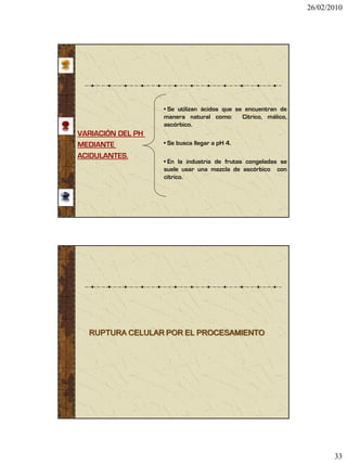 26/02/2010




                   • Se utilizan ácidos que se encuentran de
                   manera natural como:       Cítrico, málico,
                   ascórbico.
VARIACIÓN DEL PH
MEDIANTE           • Se busca llegar a pH 4.

ACIDULANTES.
                   • En la industria de frutas congeladas se
                   suele usar una mezcla de ascórbico con
                   cítrico.




  RUPTURA CELULAR POR EL PROCESAMIENTO




                                                                        33
 