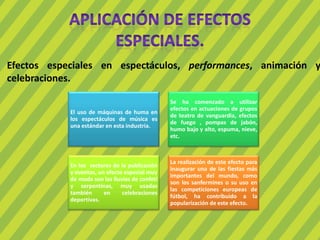 Efectos especiales en espectáculos, performances, animación y
celebraciones.
El uso de máquinas de huma en
los espectáculos de música es
una estándar en esta industria.
Se ha comenzado a utilizar
efectos en actuaciones de grupos
de teatro de vanguardia, efectos
de fuego , pompas de jabón,
humo bajo y alto, espuma, nieve,
etc.
En los sectores de la publicación
y eventos, un efecto especial muy
de moda son las lluvias de confeti
y serpentinas, muy usadas
también en celebraciones
deportivas.
La realización de este efecto para
inaugurar una de las fiestas más
importantes del mundo, como
son los sanfermines o su uso en
las competiciones europeas de
fútbol, ha contribuido a la
popularización de este efecto.
 