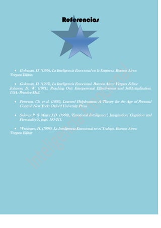 Referencias




    Goleman, D. (1999), La Inteligencia Emocional en la Empresa. Buenos Aires:
Vergara Editor.

    Goleman, D. (1995), La Inteligencia Emocional. Buenos Aires: Vergara Editor.
Johnson, D. W. (1981), Reaching Out: Interpersonal Effectiveness and SelfActualization.
USA: Prentice-Hall.

    Peterson, Ch. et al. (1993), Learned Helplessness: A Theory for the Age of Personal
      Control. New York: Oxford University Press.

    Salovey P. & Mayer J.D. (1990), "Emotional Intelligence", Imagination, Cognition and
      Personality 9, pags. 185-211.

    Weisinger, H. (1998), La Inteligencia Emocional en el Trabajo. Buenos Aires:
Vergara Editor
 