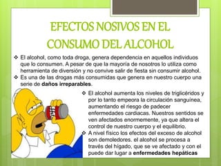 EFECTOS NOSIVOS EN EL
CONSUMO DEL ALCOHOL
 El alcohol, como toda droga, genera dependencia en aquellos individuos
que lo consumen. A pesar de que la mayoría de nosotros lo utiliza como
herramienta de diversión y no convive salir de fiesta sin consumir alcohol.
 Es una de las drogas más consumidas que genera en nuestro cuerpo una
serie de daños irreparables.
 El alcohol aumenta los niveles de triglicéridos y
por lo tanto empeora la circulación sanguínea,
aumentando el riesgo de padecer
enfermedades cardiacas. Nuestros sentidos se
ven afectados enormemente, ya que altera el
control de nuestro cuerpo y el equilibrio.
 A nivel físico los efectos del exceso de alcohol
son demoledores. el alcohol se procesa a
través del hígado, que se ve afectado y con el
puede dar lugar a enfermedades hepáticas
 
