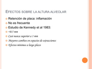 EFECTOS SOBRE LA ALTURA ALVEOLAR
 Retención de placa: inflamación
 No es frecuente

 Estudio de Kennedy et al 1983:
 <0.5 mm

 Casi nunca superior a 1 mm

 Mayores cambios en espacios de extracciones

 Efectos mínimos a largo plazo
 