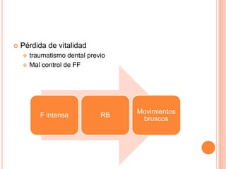    Pérdida de vitalidad
     traumatismo dental previo
     Mal control de FF




                                  Movimientos
          F intensa          RB
                                   bruscos
 