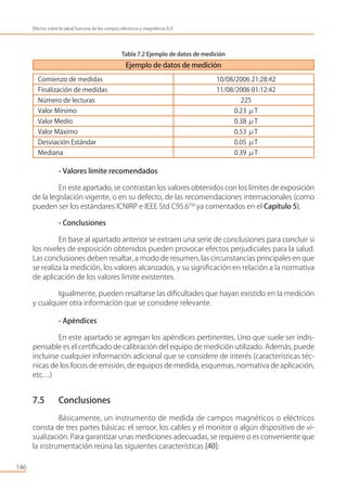 Ejemplo de datos de medición
Comienzo de medidas 10/08/2006 21:28:42
Finalización de medidas 11/08/2006 01:12:42
Número de lecturas 225
Valor Mínimo 0.23 μT
Valor Medio 0.38 μT
Valor Máximo 0.53 μT
Desviación Estándar 0.05 μT
Mediana 0.39 μT
Tabla 7.2 Ejemplo de datos de medición
- Valores límite recomendados
En este apartado, se contrastan los valores obtenidos con los límites de exposición
de la legislación vigente, o en su defecto, de las recomendaciones internacionales (como
pueden ser los estándares ICNIRP e IEEE Std C95.6TM
ya comentados en el Capítulo 5).
- Conclusiones
En base al apartado anterior se extraen una serie de conclusiones para concluir si
los niveles de exposición obtenidos pueden provocar efectos perjudiciales para la salud.
Las conclusiones deben resaltar, a modo de resumen, las circunstancias principales en que
se realiza la medición, los valores alcanzados, y su signiﬁcación en relación a la normativa
de aplicación de los valores límite existentes.
Igualmente, pueden resaltarse las diﬁcultades que hayan existido en la medición
y cualquier otra información que se considere relevante.
- Apéndices
En este apartado se agregan los apéndices pertinentes. Uno que suele ser indis-
pensable es el certiﬁcado de calibración del equipo de medición utilizado. Además, puede
incluirse cualquier información adicional que se considere de interés (características téc-
nicas de los focos de emisión, de equipos de medida, esquemas, normativa de aplicación,
etc…)
7.5 Conclusiones
Básicamente, un instrumento de medida de campos magnéticos o eléctricos
consta de tres partes básicas: el sensor, los cables y el monitor o algún dispositivo de vi-
sualización. Para garantizar unas mediciones adecuadas, se requiere o es conveniente que
la instrumentación reúna las siguientes características [40]:
146
Efectos sobre la salud humana de los campos eléctricos y magnéticos ELF
 