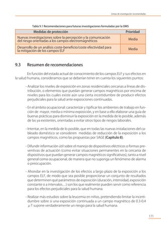 Tabla 9.1 Recomendaciones para futuras investigaciones formuladas por la OMS
9.3 Resumen de recomendaciones
En función del estado actual de conocimiento de los campos ELF y sus efectos en
la salud humana, consideramos que se deberían tener en cuenta los siguientes puntos:
- Analizar los niveles de exposición en zonas residenciales cercanas a líneas de dis-
tribución, o elementos que puedan generar campos magnéticos por encima de
niveles para los cuales existe aún una cierta incertidumbre de producir efectos
perjudiciales para la salud ante exposiciones continuadas.
- En el ámbito ocupacional: caracterizar y tipiﬁcar los ambientes de trabajo en fun-
ción de mayor, media o mínima exposición, y en base a ello elaborar una guía de
buenas prácticas para disminuir la exposición en la medida de lo posible, además
de las ya existentes, orientadas a evitar otros tipos de riesgos laborales.
- Intentar, en la medida de lo posible, que en todas las nuevas instalaciones del ca-
bleado doméstico se consideren medidas de reducción de la exposición a los
campos magnéticos, como las propuestas por SAGE (Capítulo 8).
- Difundir información útil sobre el manejo de dispositivos eléctricos o formas pre-
ventivas de actuación (como evitar situaciones permanentes en la cercanía de
dispositivos que puedan generar campos magnéticos signiﬁcativos), tanto a nivel
general como ocupacional, de manera que no suponga un fenómeno de alarma
o preocupación.
- Ahondar en la investigación de los efectos a largo plazo de la exposición a los
campos ELF, de modo que sea posible proporcionar un conjunto de resultados
que determinen qué parámetros de exposición (duración, intensidad, exposición
constante o a intervalos…) son los que realmente pueden servir como referencia
para los efectos perjudiciales para la salud humana.
- Realizar más estudios sobre la leucemia en niños, pretendiendo limitar la incerti-
dumbre sobre si una exposición continuada a un campo magnético de 0.3-0.4
μT supone verdaderamente un riesgo para la salud humana.
171
Nuevas investigaciones sobre la percepción y la comunicación
del riesgo orientadas a los campos electromagnéticos
Media
Desarrollo de un análisis coste-beneﬁcio/coste efectividad para
la mitigación de los campos ELF
Media
Líneas de investigación recomendadas
Medidas de protección Prioridad
 